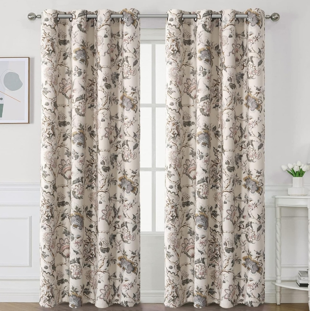 Elegant Floral Curtains - Cream and Gray